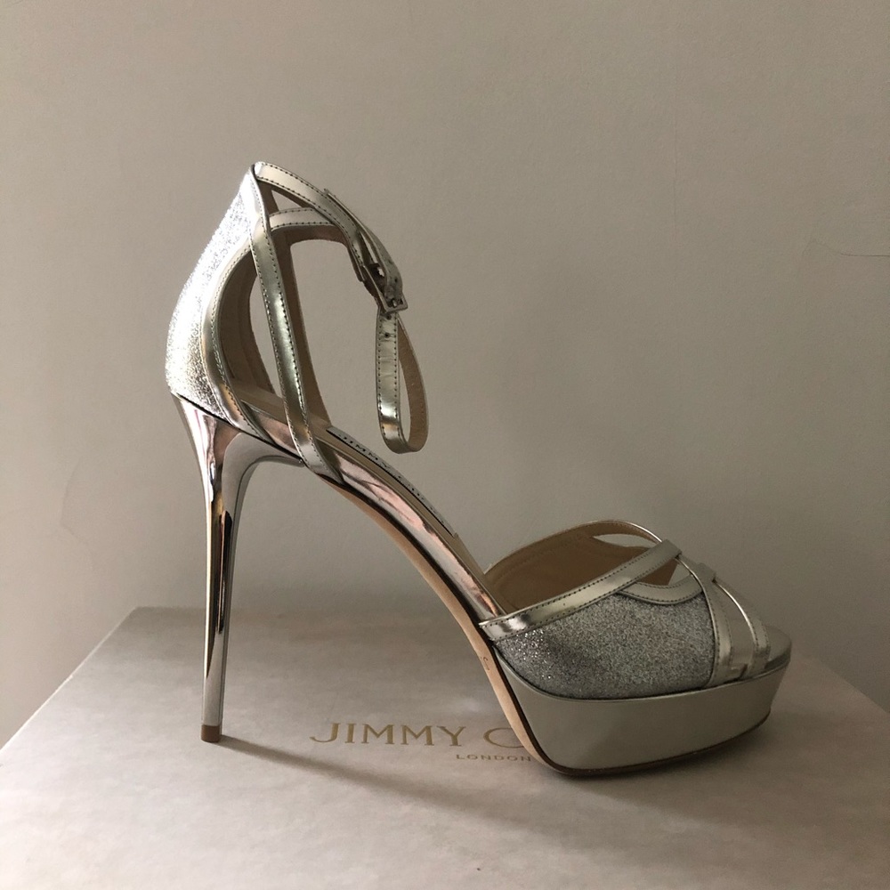 JIMMY CHOO Laurita Leather Glitter Platform Sandal - Picture 7 of 8